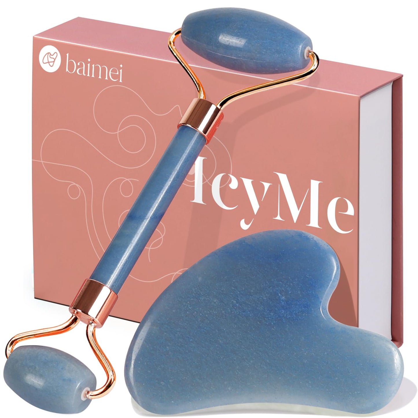 BAIMEI IcyMe Jade Roller & Gua Sha, Face Roller Redness Reducing Skin Care Tools, Self Care Pink Gift for Men Women, Massager for Face, Eyes, Neck, Relieve Fine Lines and Wrinkles - Rose Quartz