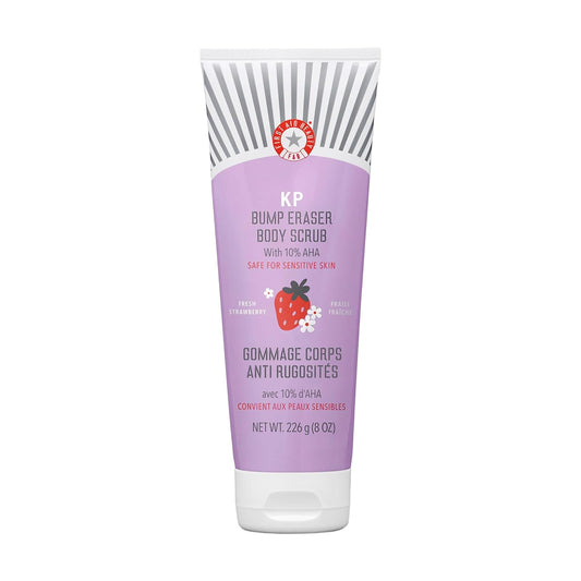 First Aid Beauty - KP Bump Eraser Body Scrub with 10% AHA, Keratosis Pilaris Exfoliator with Glycolic and Lactic acids, Helps Reduce Chicken Skin Bumps, Safe for Sensitive Skin, Strawberry Scent, 8 oz