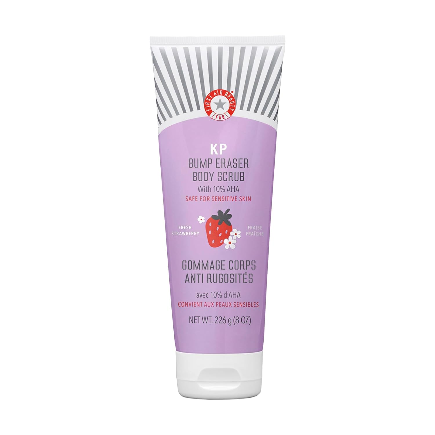 First Aid Beauty - KP Bump Eraser Body Scrub with 10% AHA, Keratosis Pilaris Exfoliator with Glycolic and Lactic acids, Helps Reduce Chicken Skin Bumps, Safe for Sensitive Skin, Strawberry Scent, 8 oz
