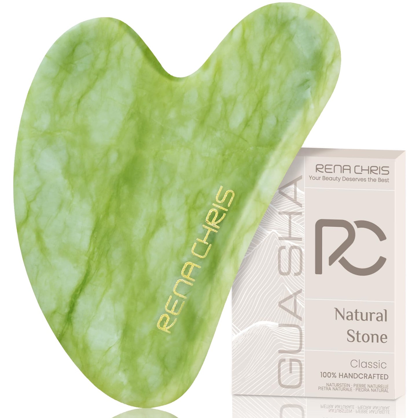 Rena Chris Gua Sha Facial Tools, Natural Jade Stone Guasha, Manual Massage Sticks for Jawline Sculpting and Puffiness Reducing, Facial Massage Tool, Skin-Care Tool (Green)