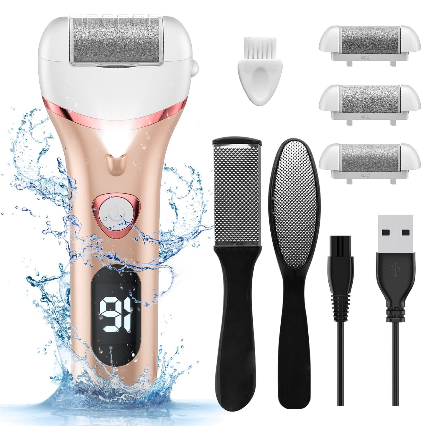 Electric Foot Callus Remover, Rechargeable Portable Electronic Foot File Pedicure Kits, Waterproof Foot Scrubber File, Professional Pedicure Tools, Foot Care for Dead Skin Ideal Gift, 3 Rollers