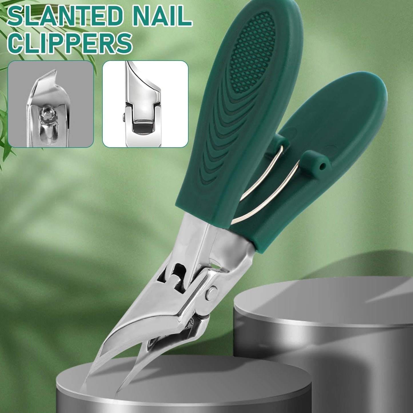 Eagle Beak Beveled Nail Clippers,3-Piece Sets of Eagle Beak Beveled Nails Clippers, Long Handle Wide Jaw Opening Anti-Splash Slanted Nail Clipper for Thick Nails, Seniors&Ingrown Care (Green)