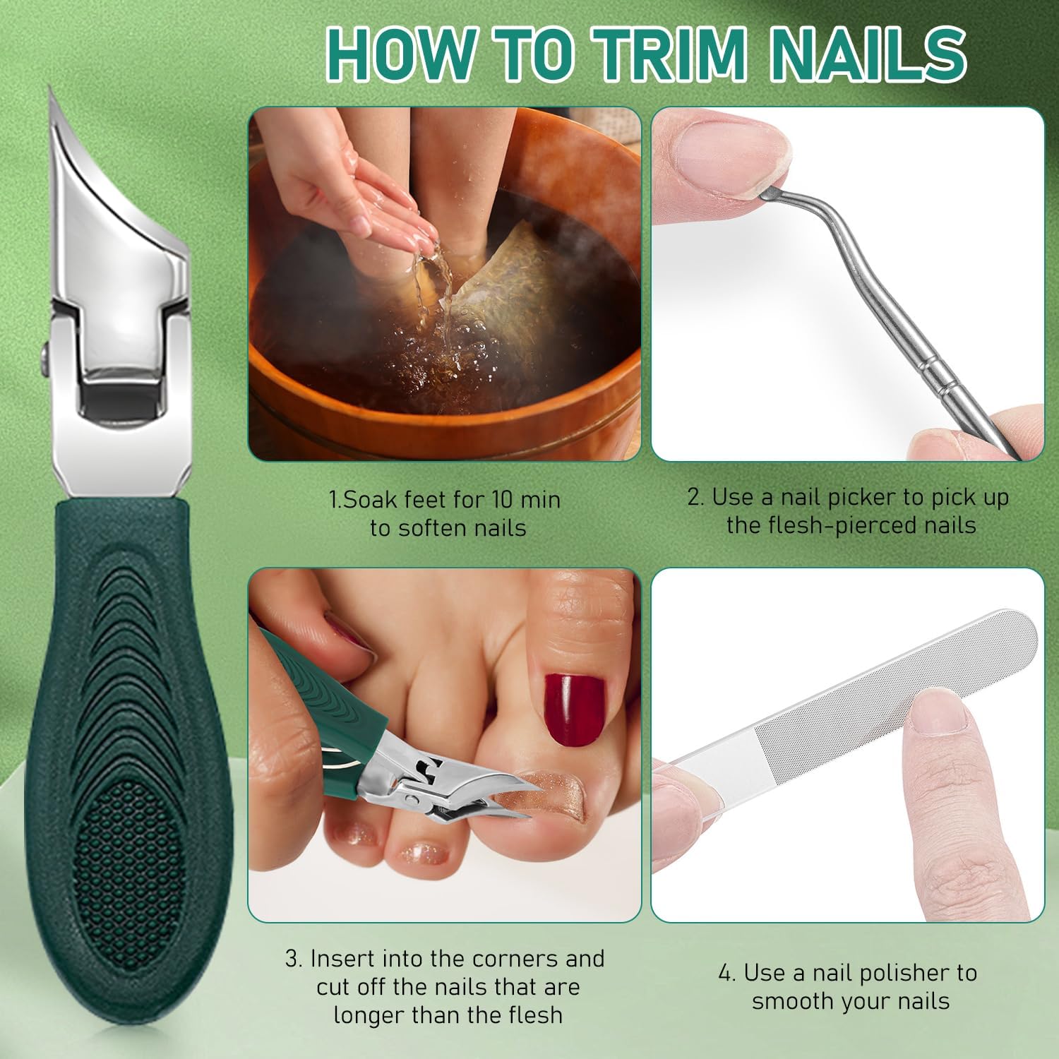 Eagle Beak Beveled Nail Clippers,3-Piece Sets of Eagle Beak Beveled Nails Clippers, Long Handle Wide Jaw Opening Anti-Splash Slanted Nail Clipper for Thick Nails, Seniors&Ingrown Care (Green)