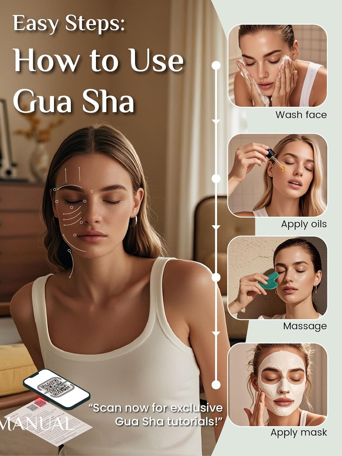 Rena Chris Gua Sha Facial Tools, Natural Jade Stone Guasha, Manual Massage Sticks for Jawline Sculpting and Puffiness Reducing, Facial Massage Tool, Skin-Care Tool (Green)