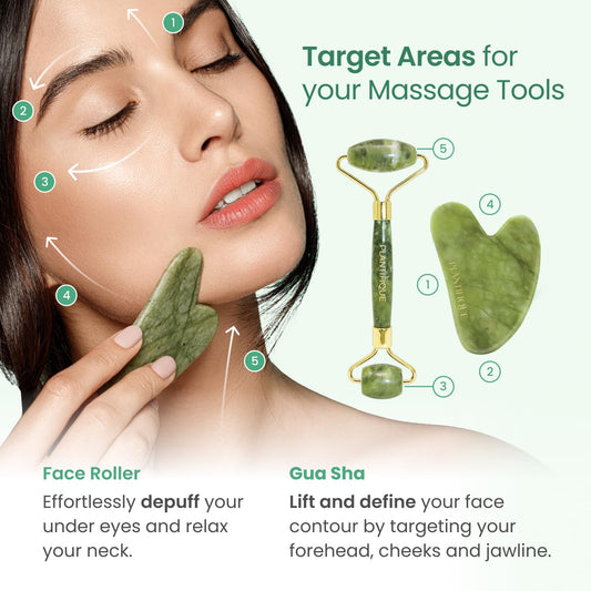 PLANTIFIQUE Jade Roller & Gua Sha Set – Real Jade Facial Tools for Skin Care Routine – Certified Face Massager for Radiant Skin