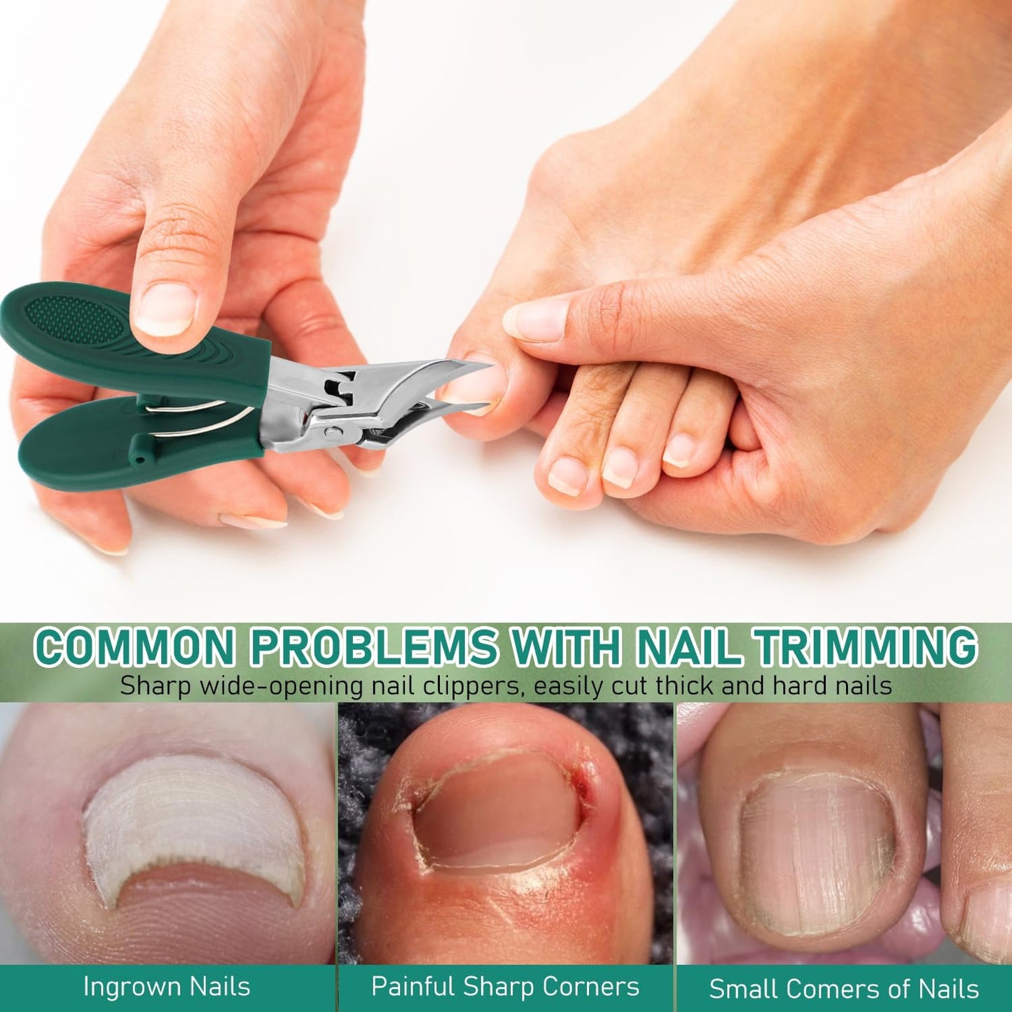 Eagle Beak Beveled Nail Clippers,3-Piece Sets of Eagle Beak Beveled Nails Clippers, Long Handle Wide Jaw Opening Anti-Splash Slanted Nail Clipper for Thick Nails, Seniors&Ingrown Care (Green)